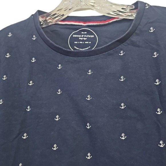 Denim & Flower Men Navy Blue Anchor Print T-Shirt Casual Summer Nautical Tee L‎ - Picture 3 of 5